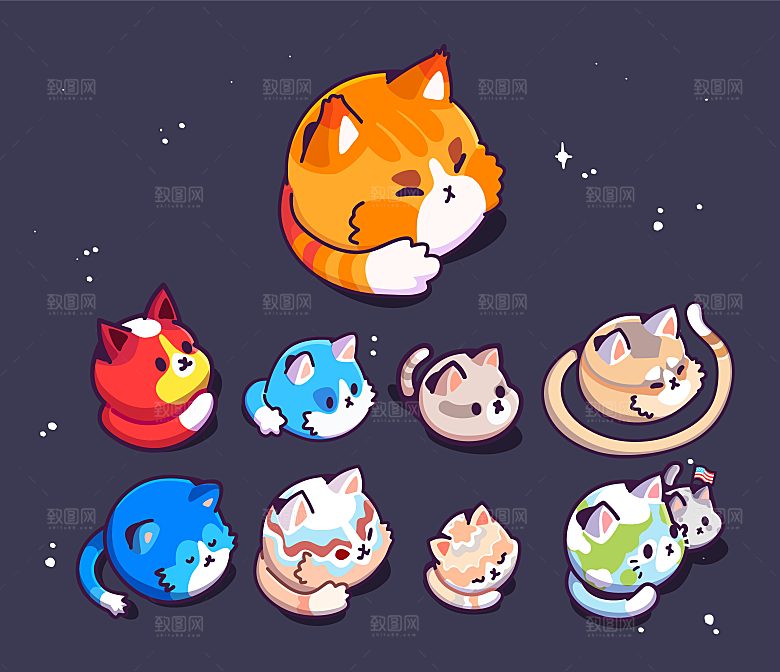 可爱等距猫咪矢量图标元素