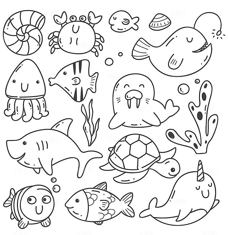 可爱卡通海洋生物线描矢量元素
