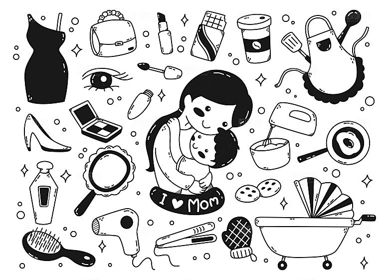 我爱妈妈矢量线描贴纸插画元素