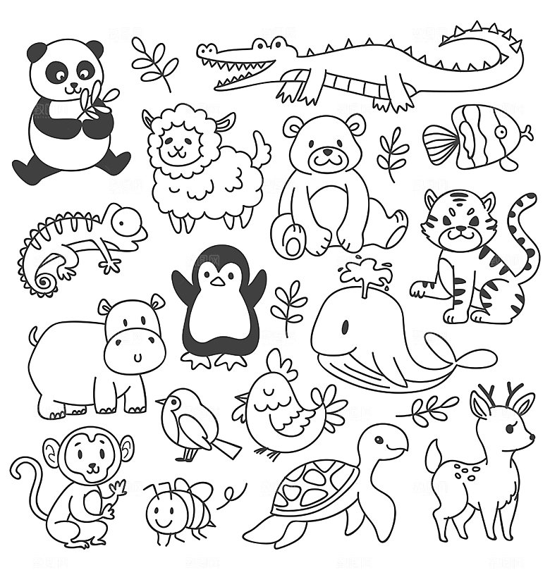 手绘线描卡通小动物矢量元素