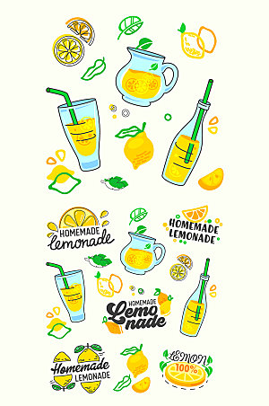 柠檬切片与柠檬果汁矢量卡通元素