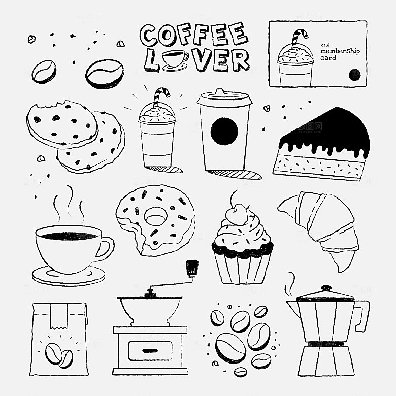 素描咖啡甜品矢量元素