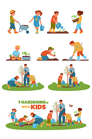 植树活动卡通儿童种树矢量插画元素