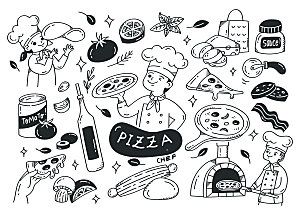 披萨烹饪黑色线描矢量插画元素