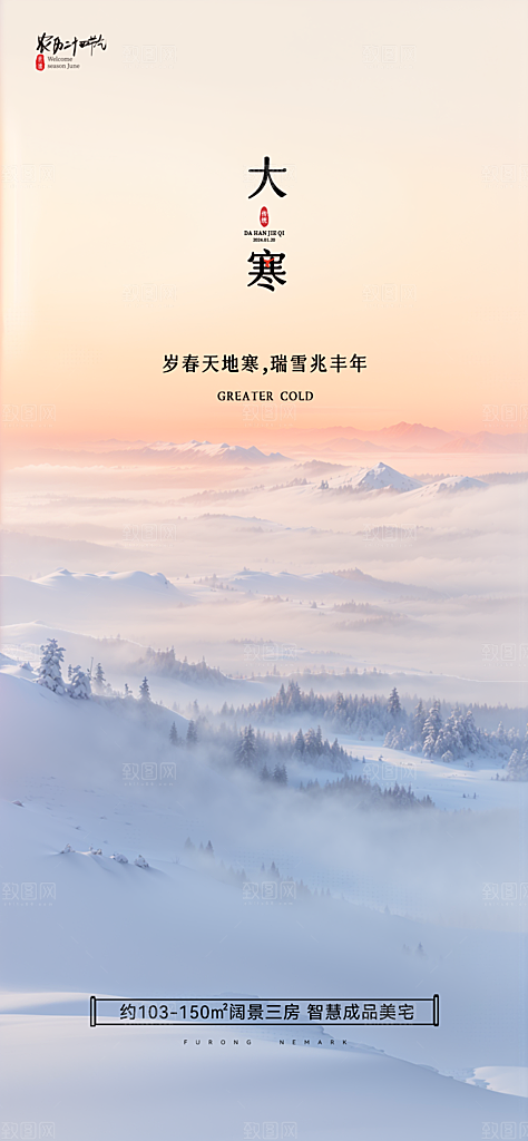 中国传统节气简约大气大寒手机海报