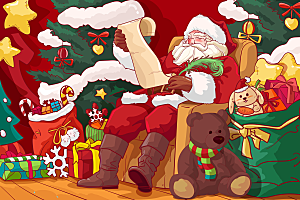 红色圣诞节圣诞老人与礼物卡通插画
