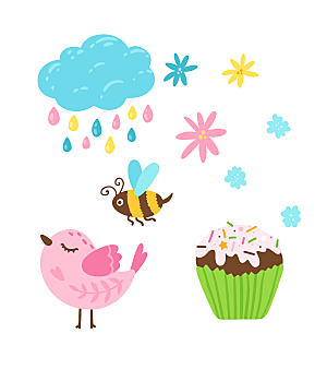 卡通手绘小鸡花卉下雨蜜蜂蛋糕矢量元素