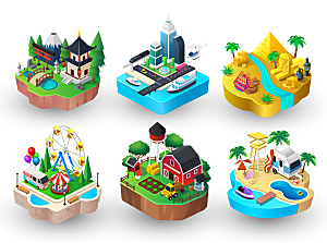 旅游渡假漂浮岛屿图标插画元素