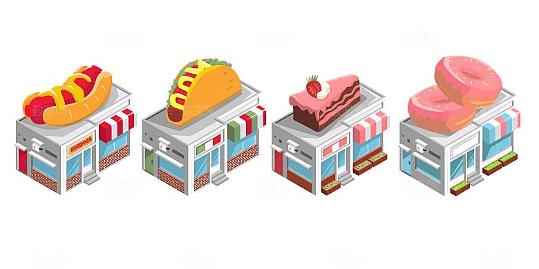 美食快餐店铺立体图标插画元素