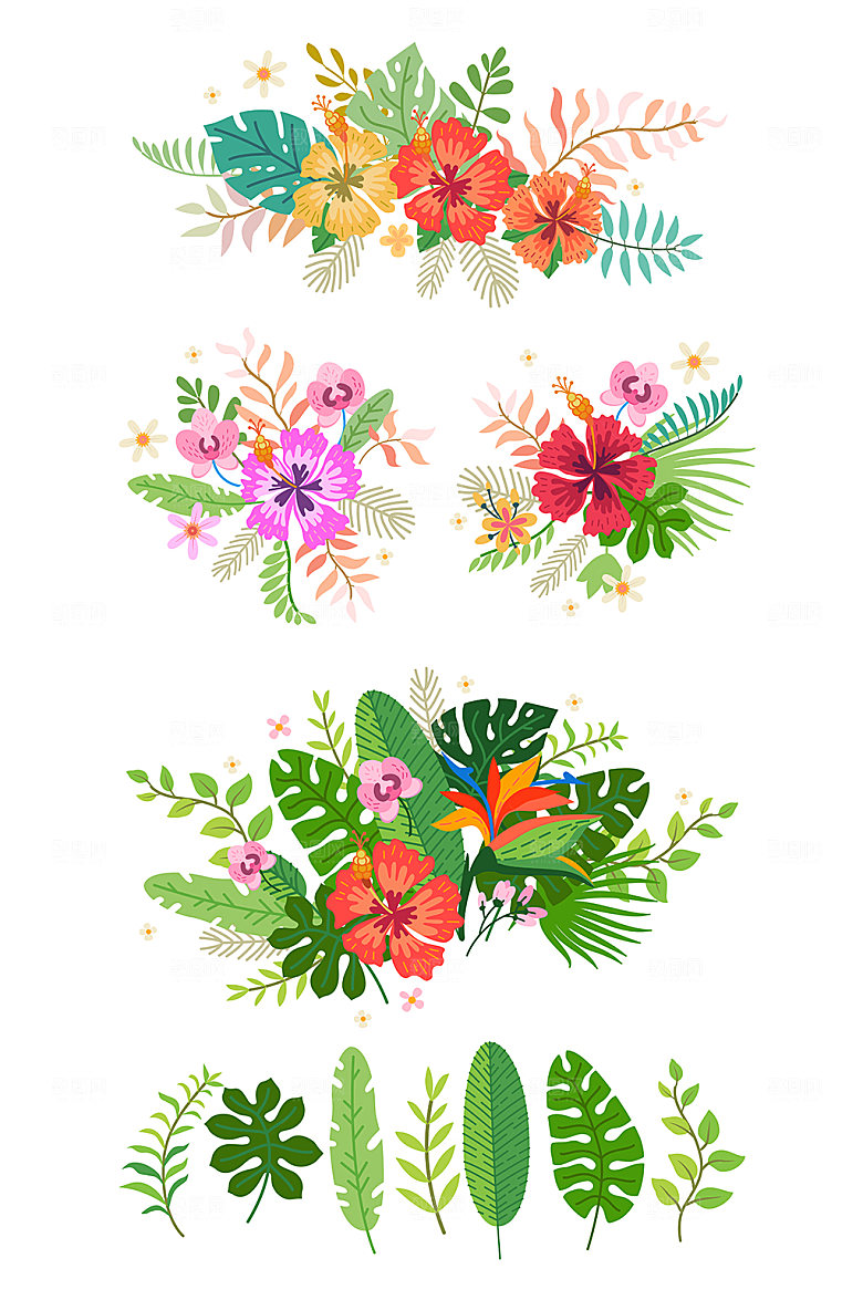 扁平风矢量水彩花卉插画元素