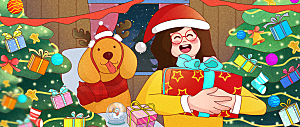 圣诞节女孩和狗可爱圣诞树插画