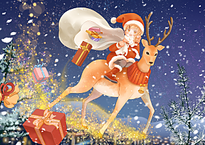 圣诞节骑着鹿送礼物的圣诞少女