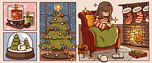 温暖的圣诞之夜插画banner