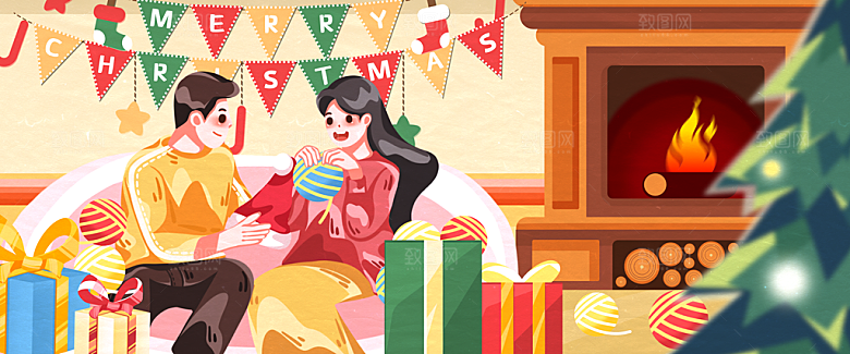 一起过温暖的圣诞节卡通插画banner