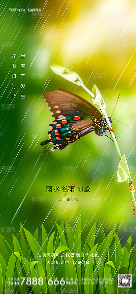 地产二十四节气雨水简约大气海报