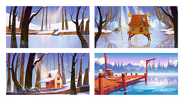 冬季湖边小屋矢量插画banner