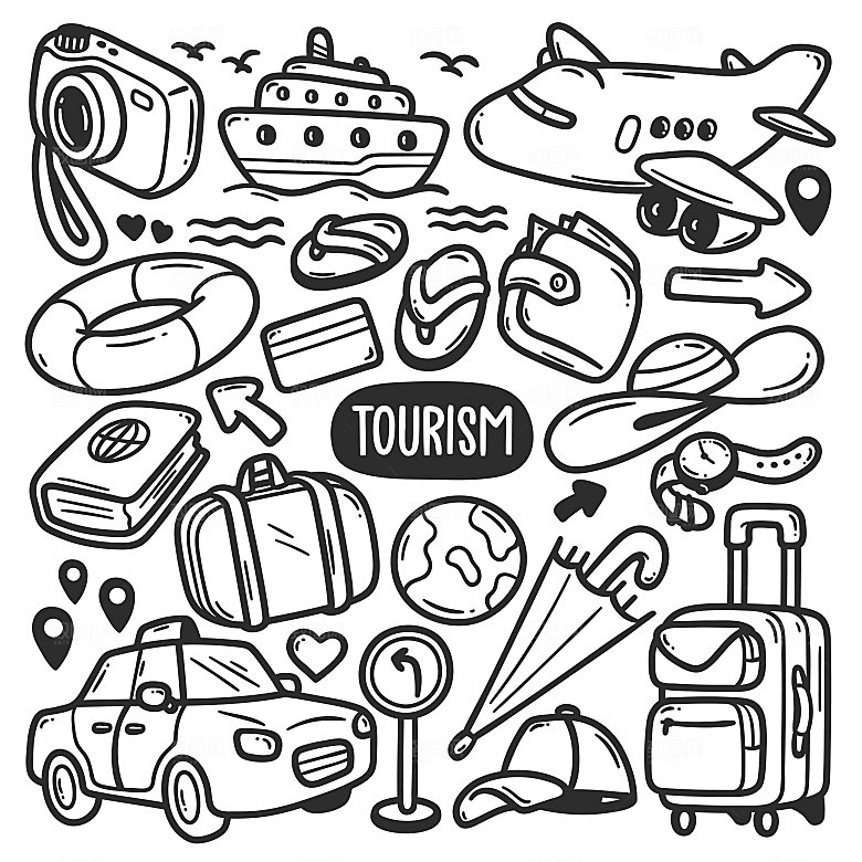 手绘旅游线描卡通元素