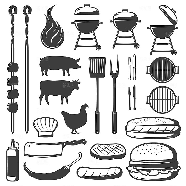 BBQ自助烧烤矢量黑色剪影元素