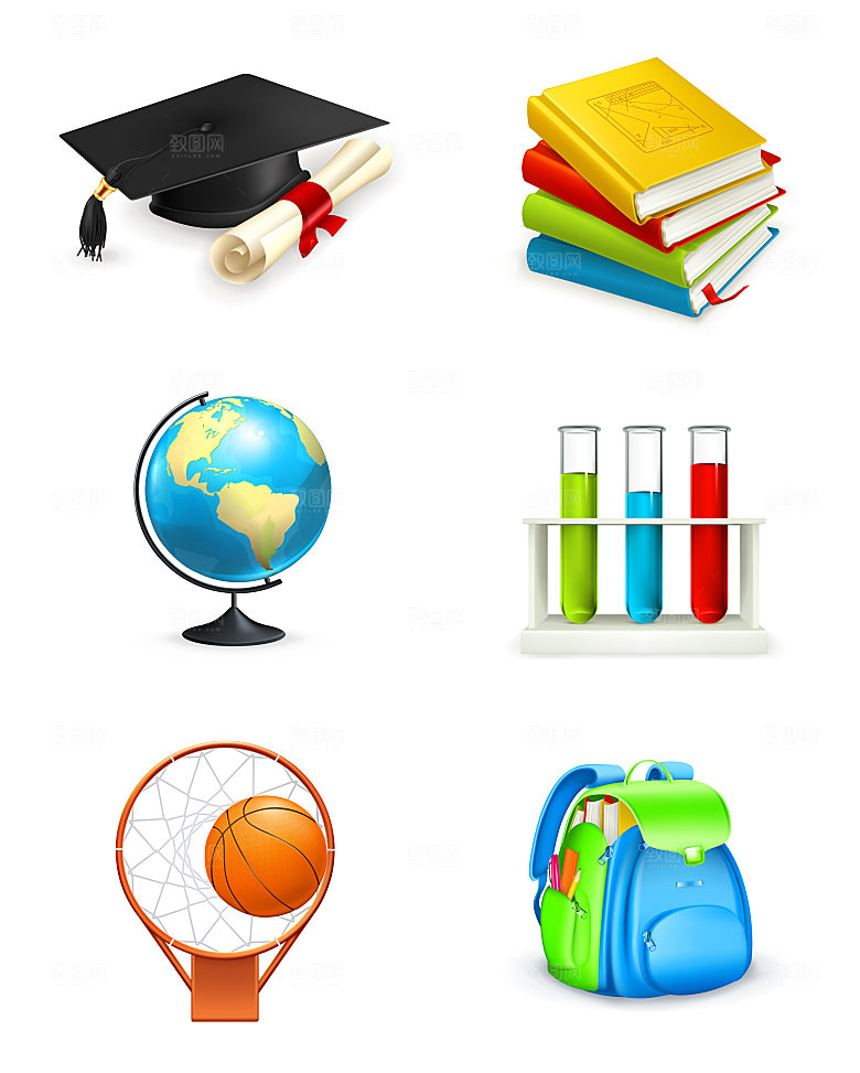 学位书籍地球仪试管书包篮球矢量卡通图标元