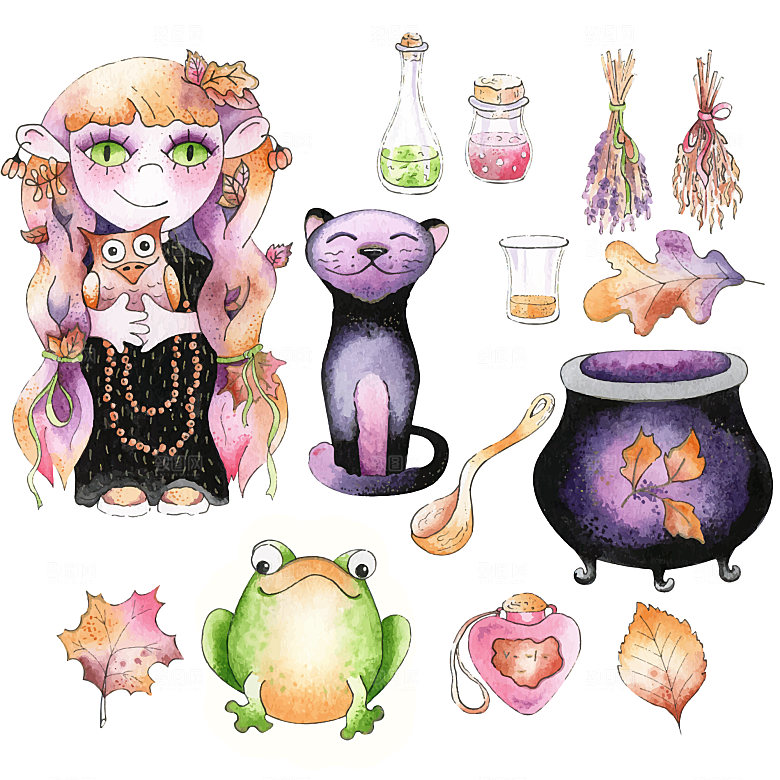 魔法女巫魔药黑猫矢量卡通元素
