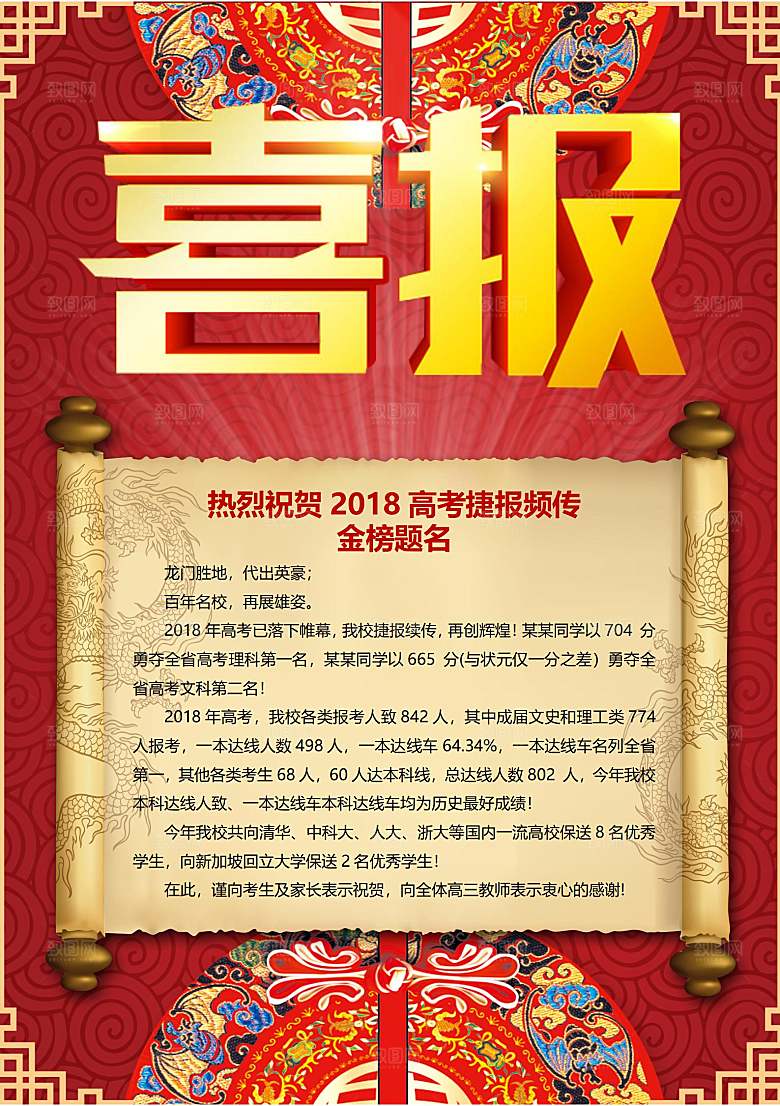 红色喜报战报金榜题名报光荣榜录取通知书