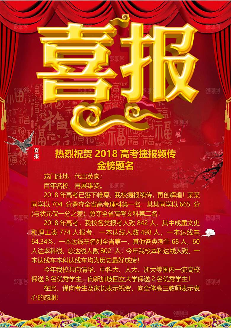 红色喜报战报金榜题名报光荣榜录取通知书