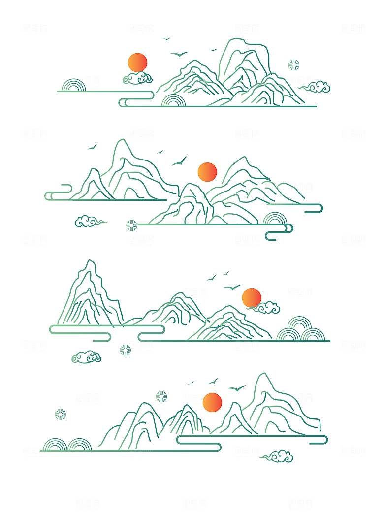 中国风手绘线描云纹与山脉红日元素