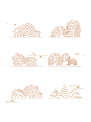 中国风手绘线描云纹与山脉元素