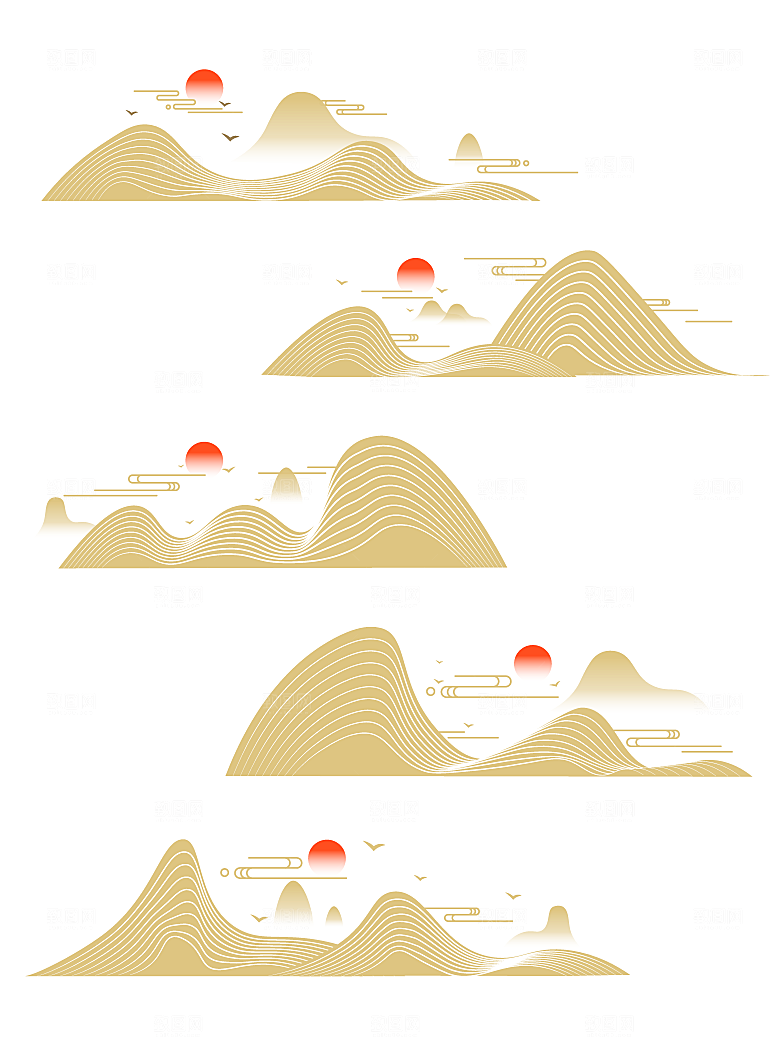 中国风手绘线描云纹与山脉红日元素