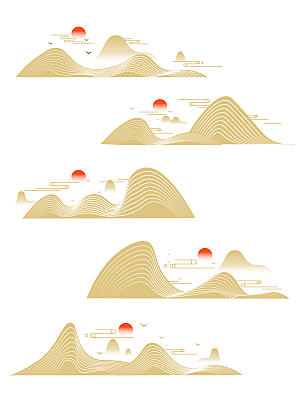 中国风手绘线描云纹与山脉红日元素