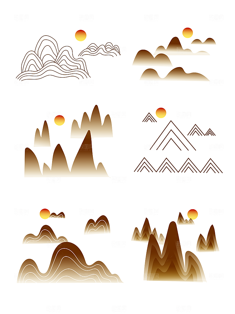 中国风手绘线描云纹与山脉红日元素