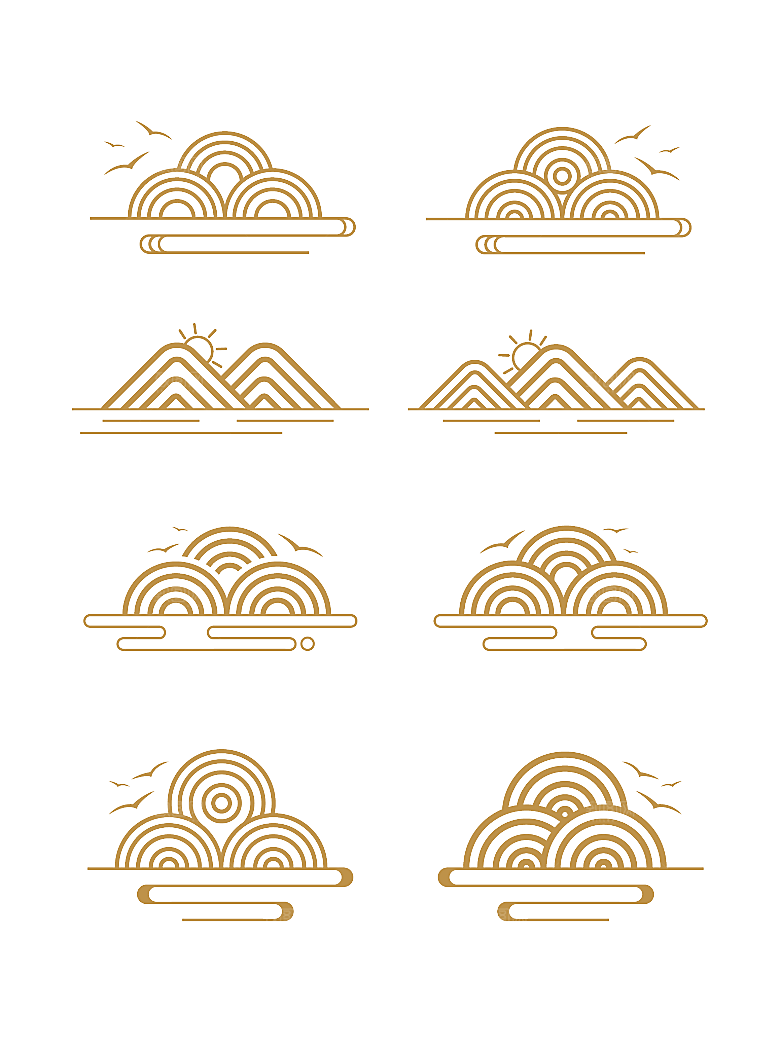 中国风手绘线描云纹与山脉元素