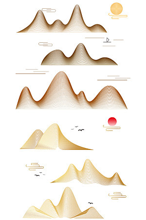 中国风手绘线描云纹与山脉红日元素