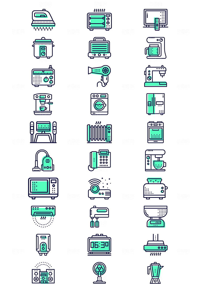 家用小电器矢量线描扁平图标