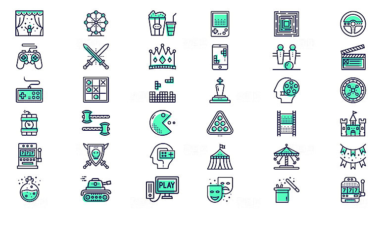 娱乐游戏矢量线描扁平图标