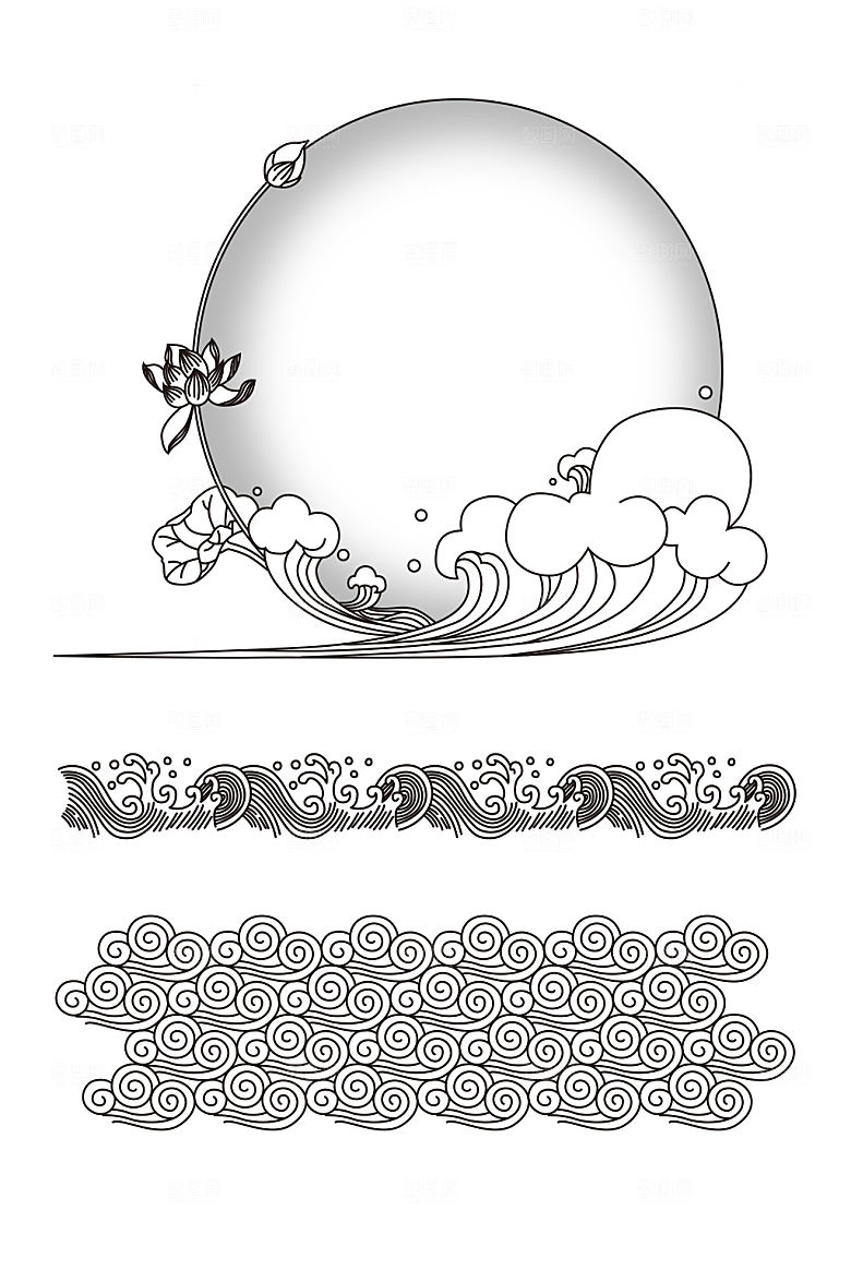 矢量线描云纹与海浪元素