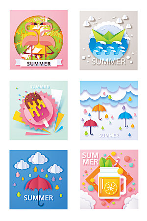 夏日折纸风格海边度假立体插画