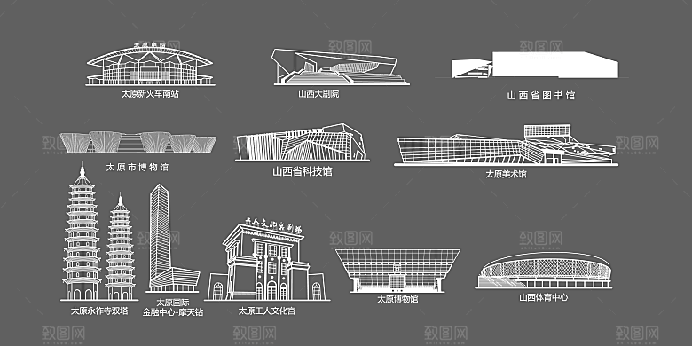 矢量太原地标建筑剪影