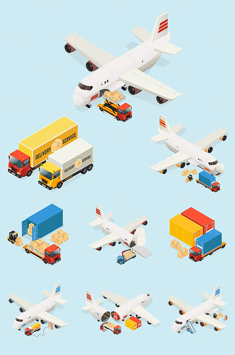飞机物流航空运输立体插画元素