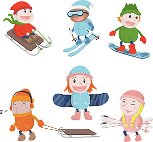可爱滑雪儿童矢量卡通人物插画