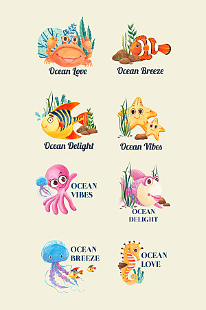 海洋生物可爱标签元素