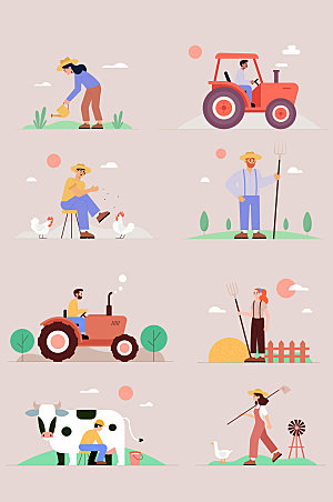 农民种植开拖拉机挤牛奶矢量插画元素