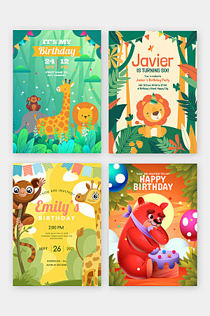 卡通森林小动物庆生卡片