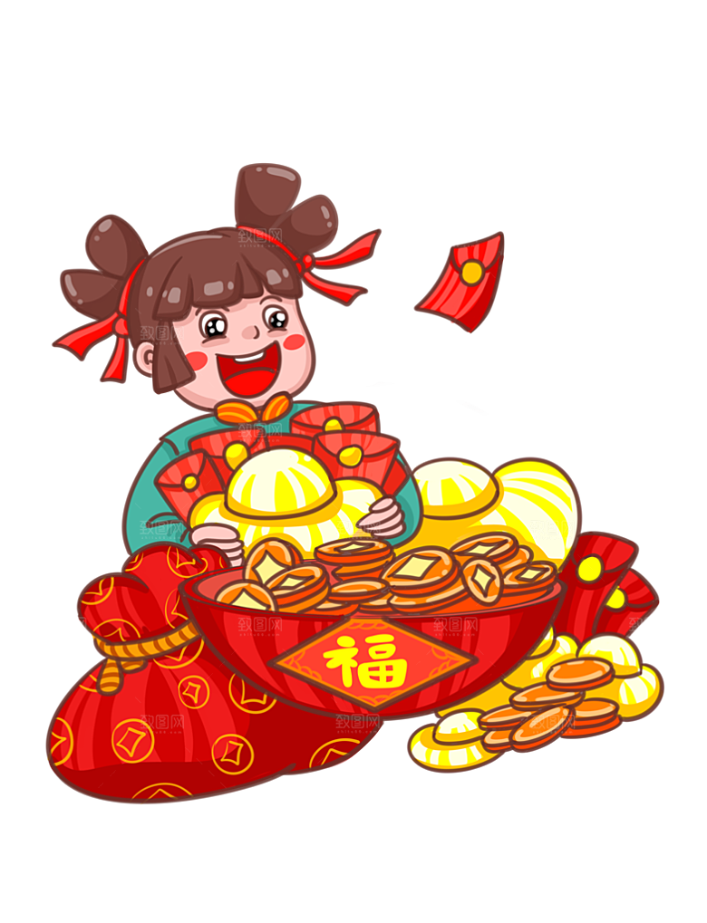 开心发财的女生卡通形象