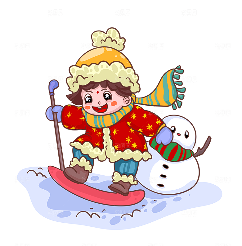 冬天里开心的滑雪小女孩