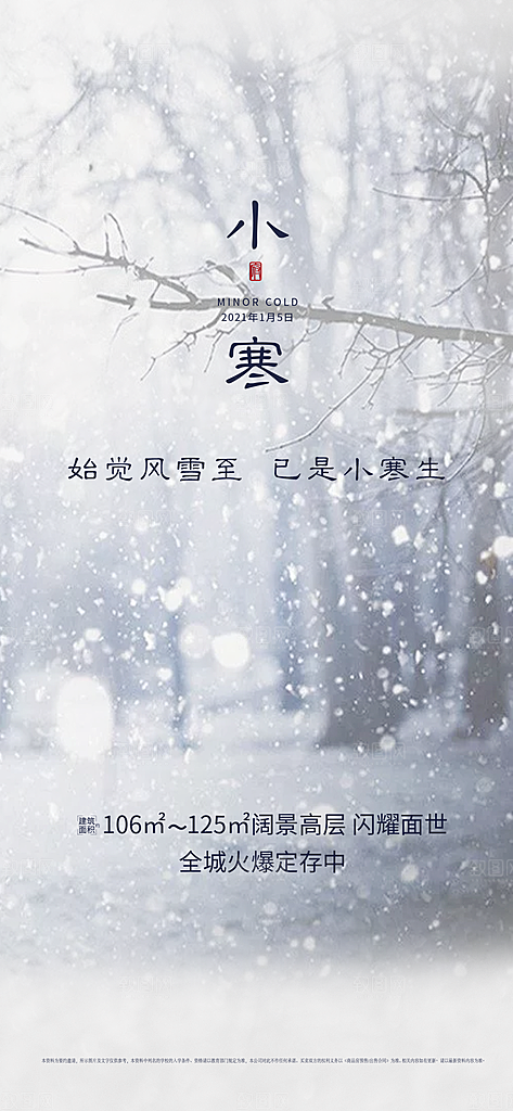 中国传统节气小寒简约中国风手机海报
