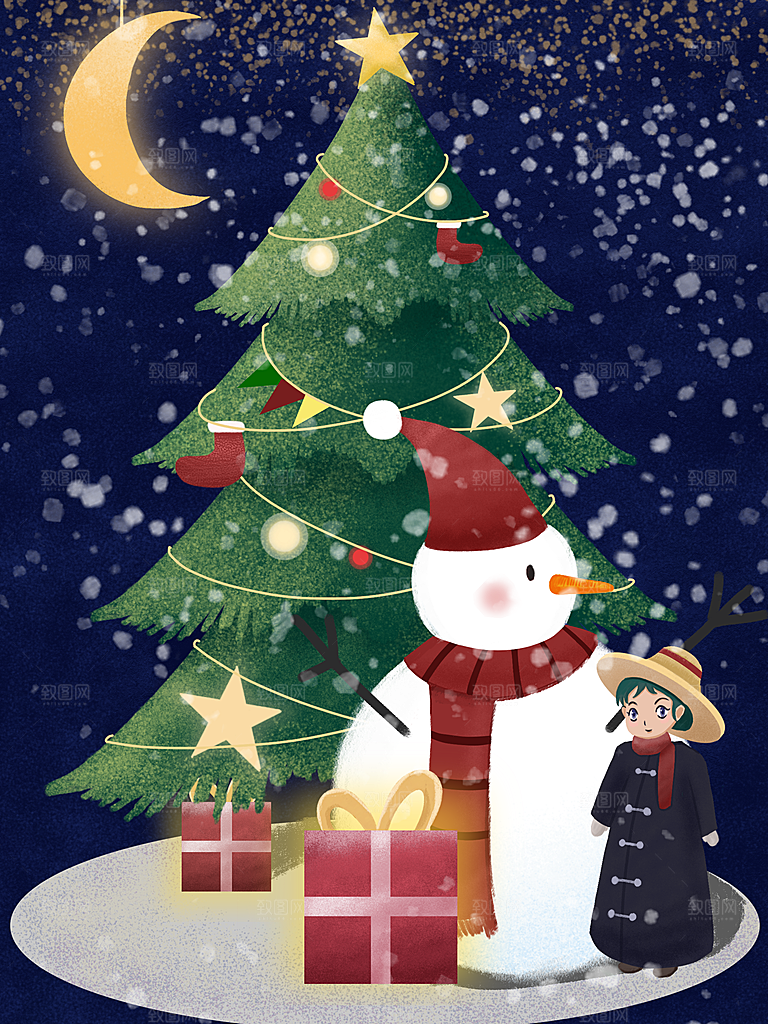 圣诞节插画圣诞老人圣诞树平安夜快乐海报