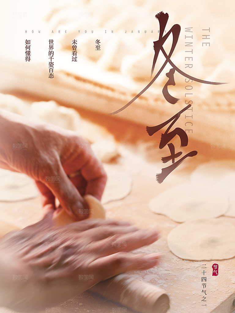 温馨文艺留白传统节气冬至饺子团圆节日海报