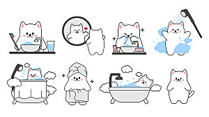 可爱白色猫咪洗漱卡通插画
