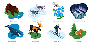 冬季卡通动物与滑雪矢量元素